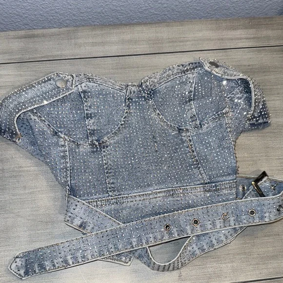 Women's rhinestone Studded Denim Corset Top